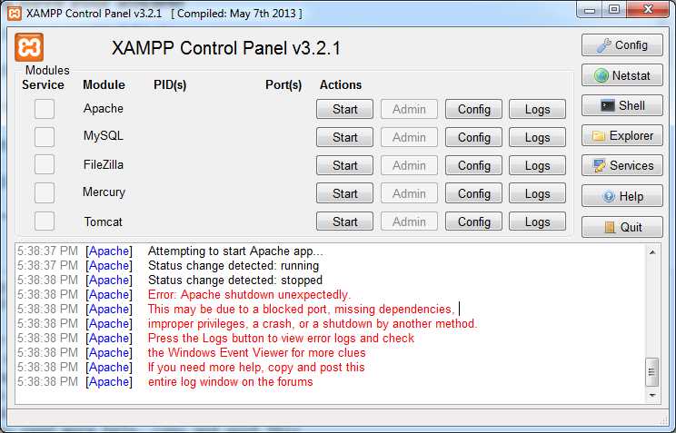 Проблемы при запуске Apache из панели управления XAMPP в Windows 10: решение